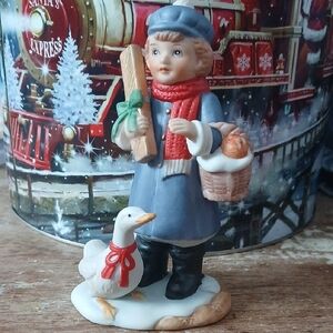 Homco Holiday Child with Goose Figurine - Blue and Red